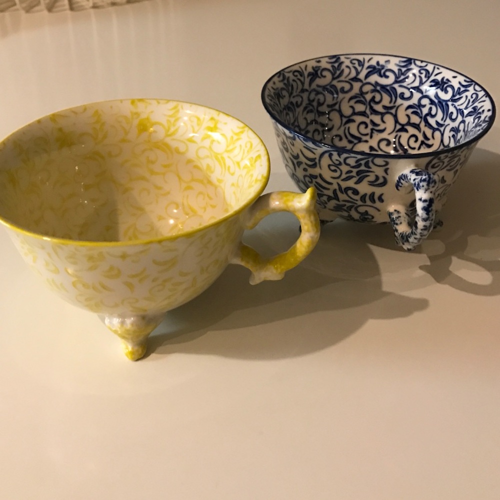 Anthropologie Yellow and Blue Decorative Footed Tea Cups